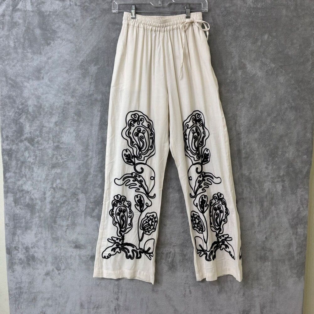 H&M  Cream/Black heavy floral embroidered in black Drawstring Wide-Leg Pants XS